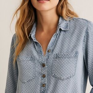 CLOTH & STONE Blue All Over Print Popover Collard Tencel Chest Pocket Blouse